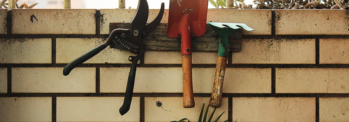 Garden tools on wall of greenhouse