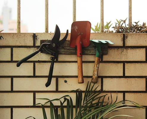 Garden tools on wall of greenhouse