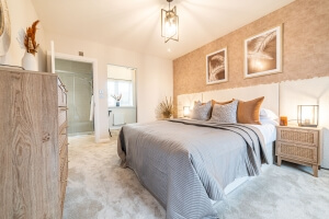 Photo of a furnished master bedroom in a new Cavanna home
