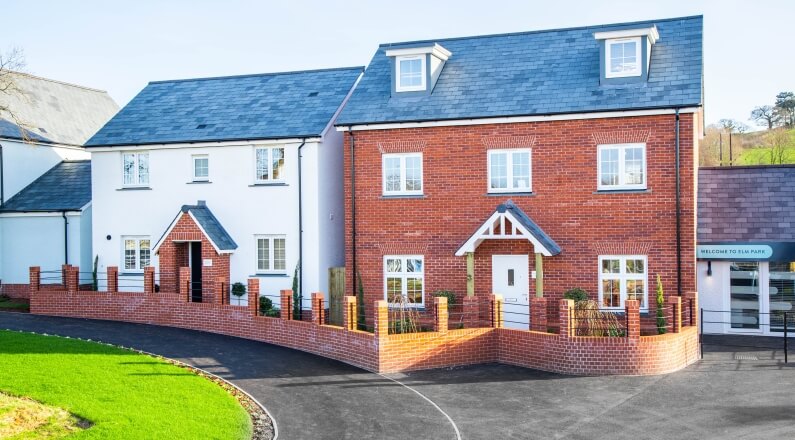 Photograph show two exteriors of show homes in Exeter