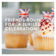 Graphic of cupcakes with the text 'Friends Round For... A Jubilee Celebration'