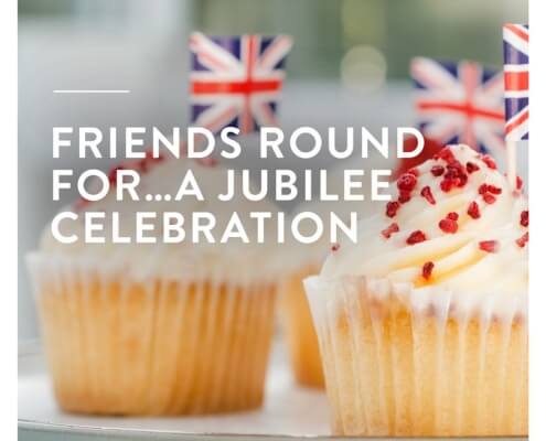 Graphic of cupcakes with the text 'Friends Round For... A Jubilee Celebration'