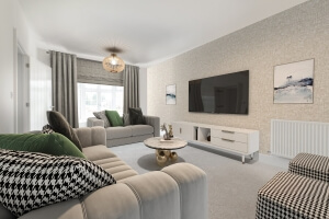 CGI interior fit-out image of living room in Hockinston house type