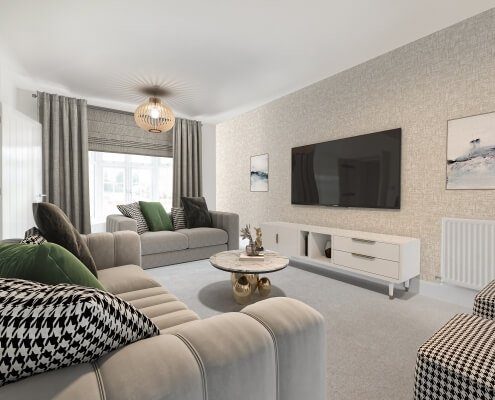 CGI interior fit-out image of living room in Hockinston house type