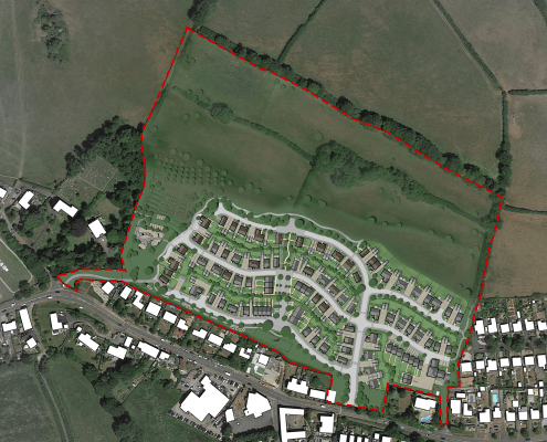 Aerial image showing the plans for new homes in Collaton St Mary, near Paignton